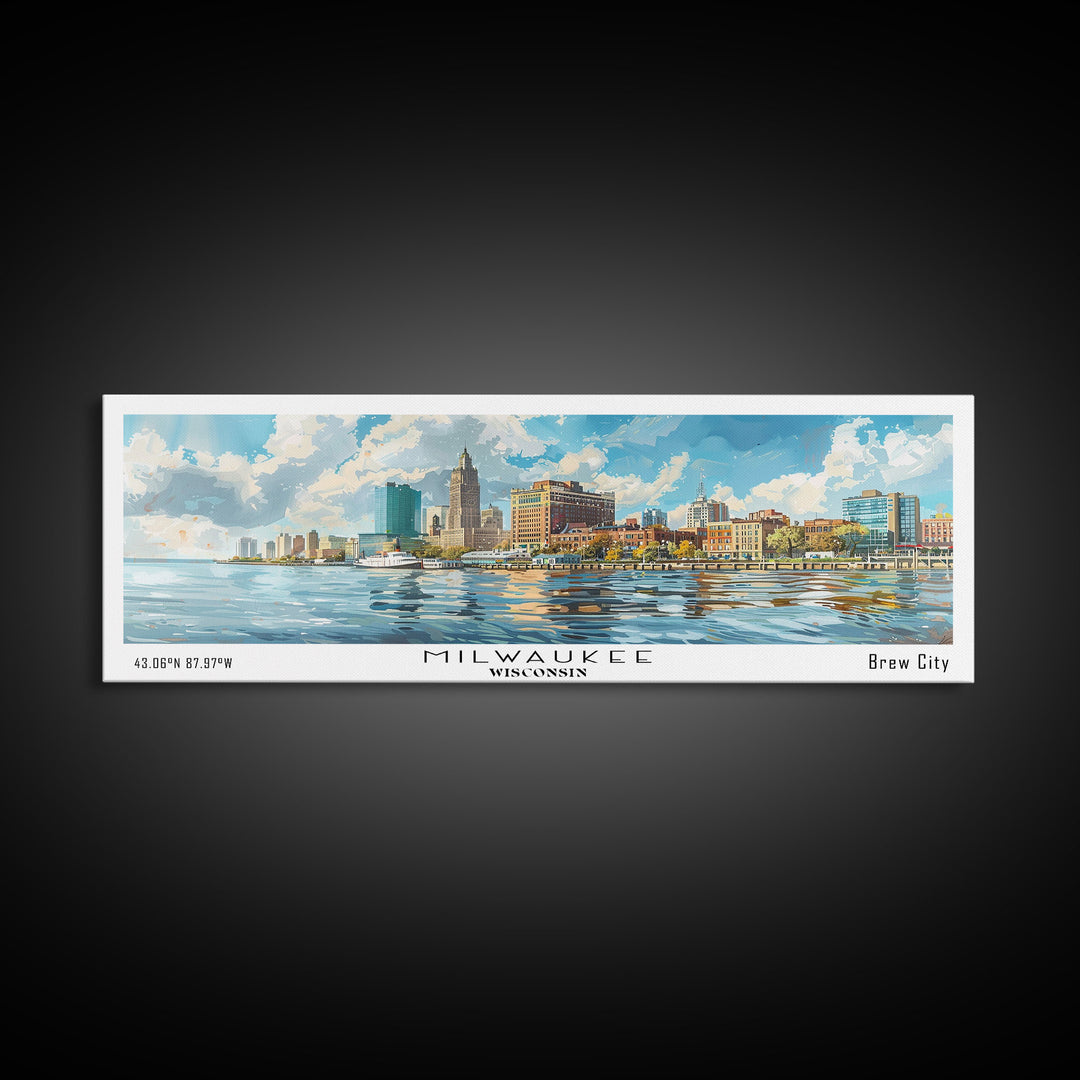Milwaukee Wisconsin Panoramic Framed Canvas Print, Watercolor Cityscape, Perfect Office Wall Art, Travel Poster, Living Room Decor