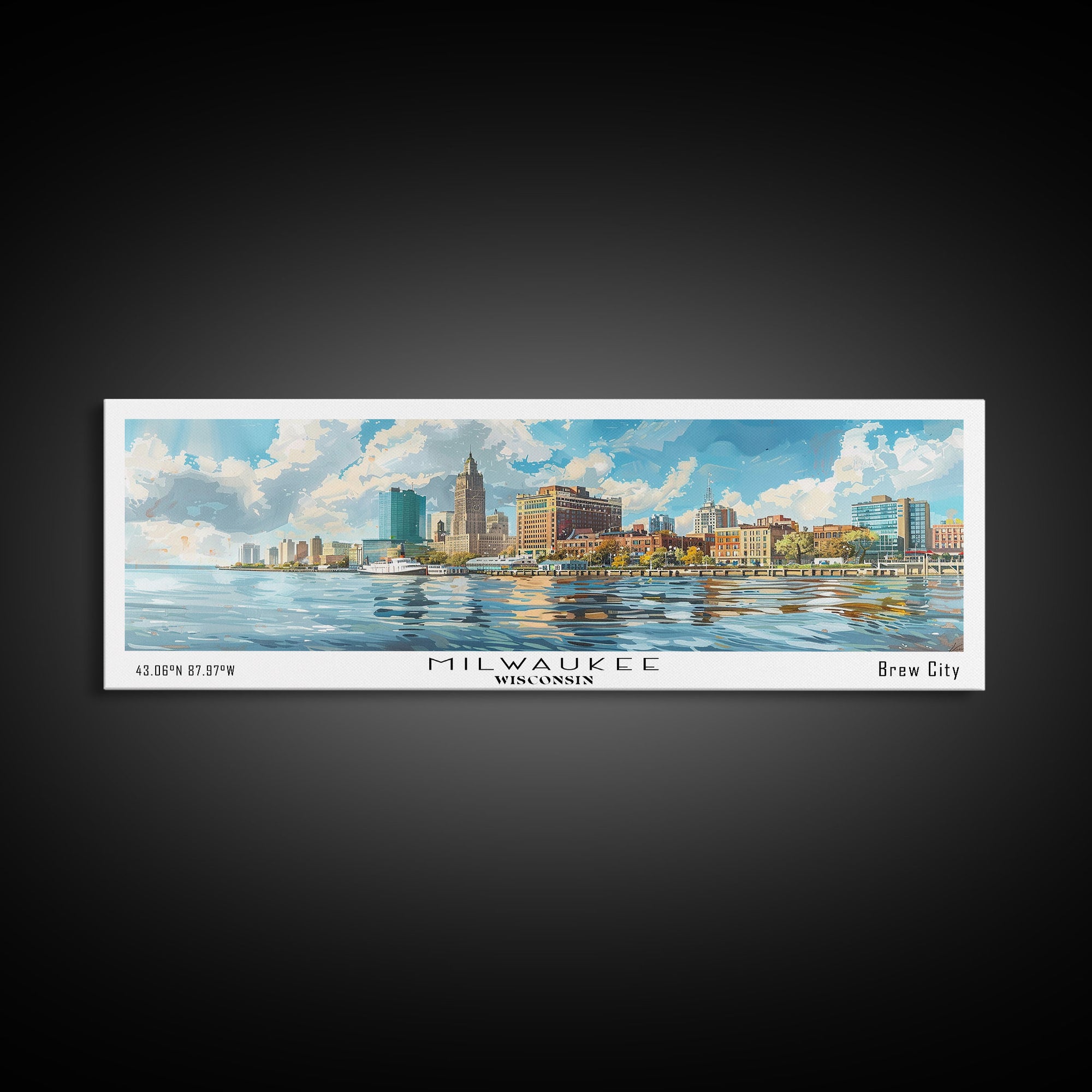Milwaukee Wisconsin Panoramic Framed Canvas Print, Watercolor Cityscape, Perfect Office Wall Art, Travel Poster, Living Room Decor