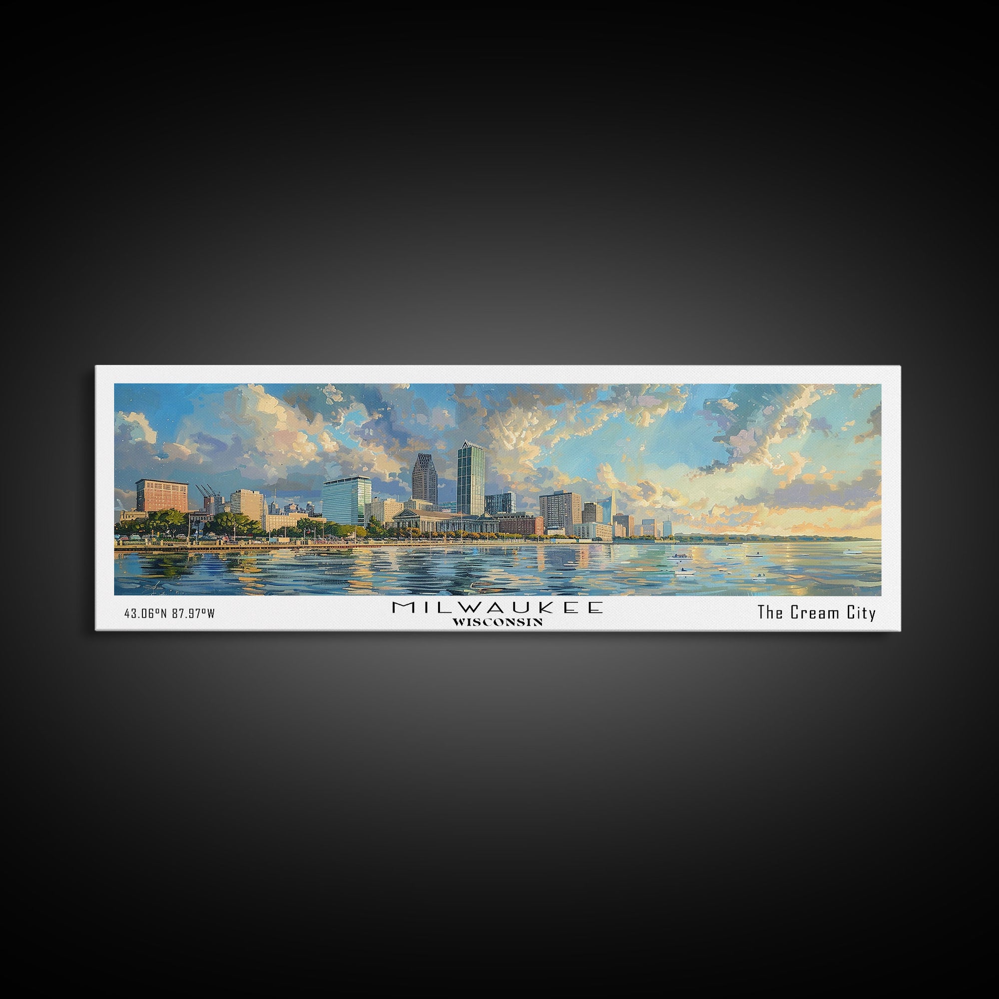 Milwaukee Wisconsin Panoramic Framed Canvas Print, Beautiful Watercolor Painting, Office Wall Art, Travel Poster, Home Decor, City Art