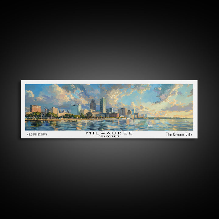 Milwaukee Wisconsin Panoramic Framed Canvas Print, Beautiful Watercolor Painting, Office Wall Art, Travel Poster, Home Decor, City Art