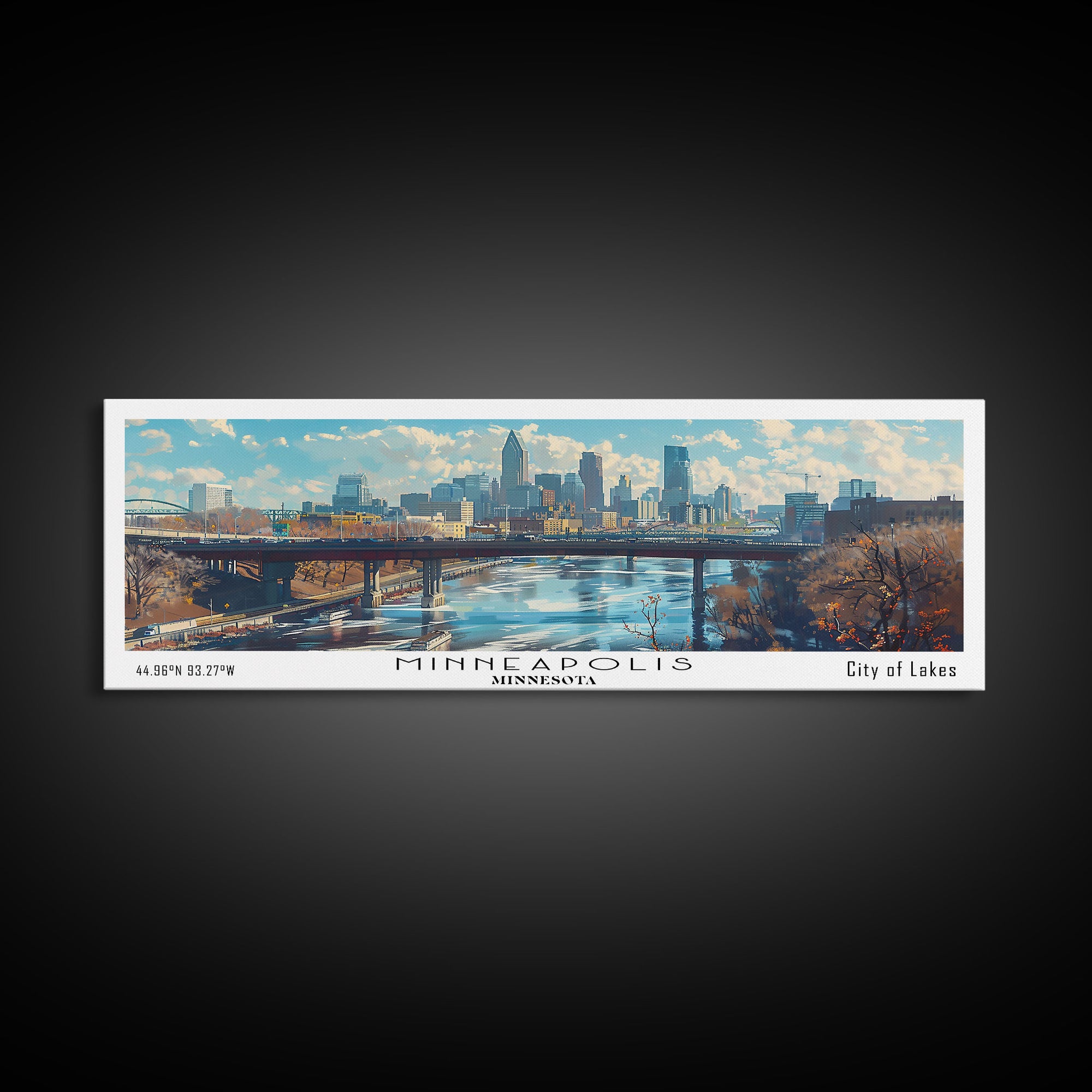 Minneapolis Minnesota Panoramic Framed Canvas Print, Stunning Watercolor City Art, Office Wall Decor, Travel Poster, Living Room Decor