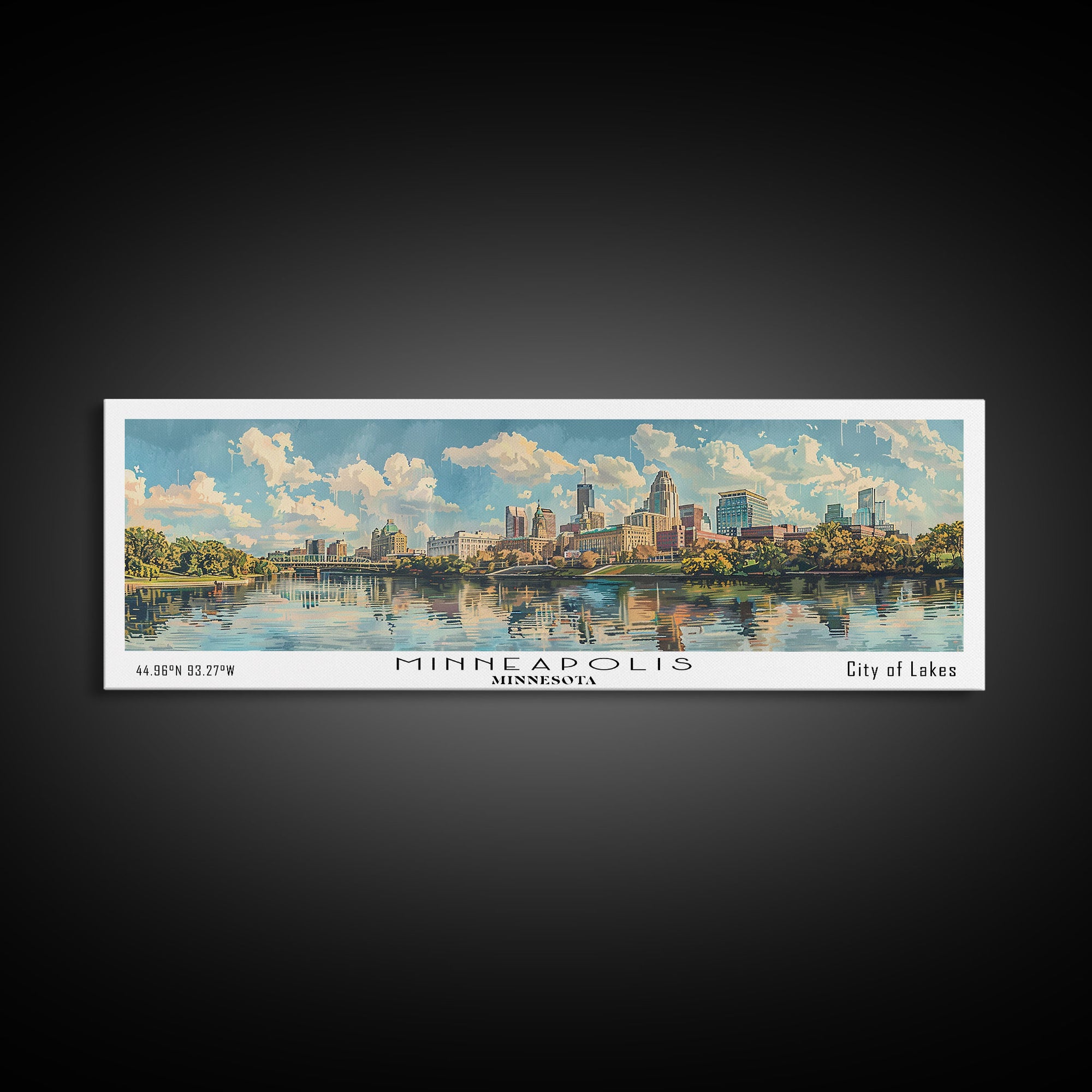 Minneapolis Minnesota Panoramic Framed Canvas Print, Watercolor Painting, Office Wall Art, Travel Poster, Home Decor, City Art
