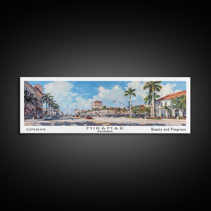 Miramar Florida Panoramic Framed Canvas Print, Beautiful Watercolor Cityscape, Office Wall Art, Travel Poster, Living Room Decor, City Art