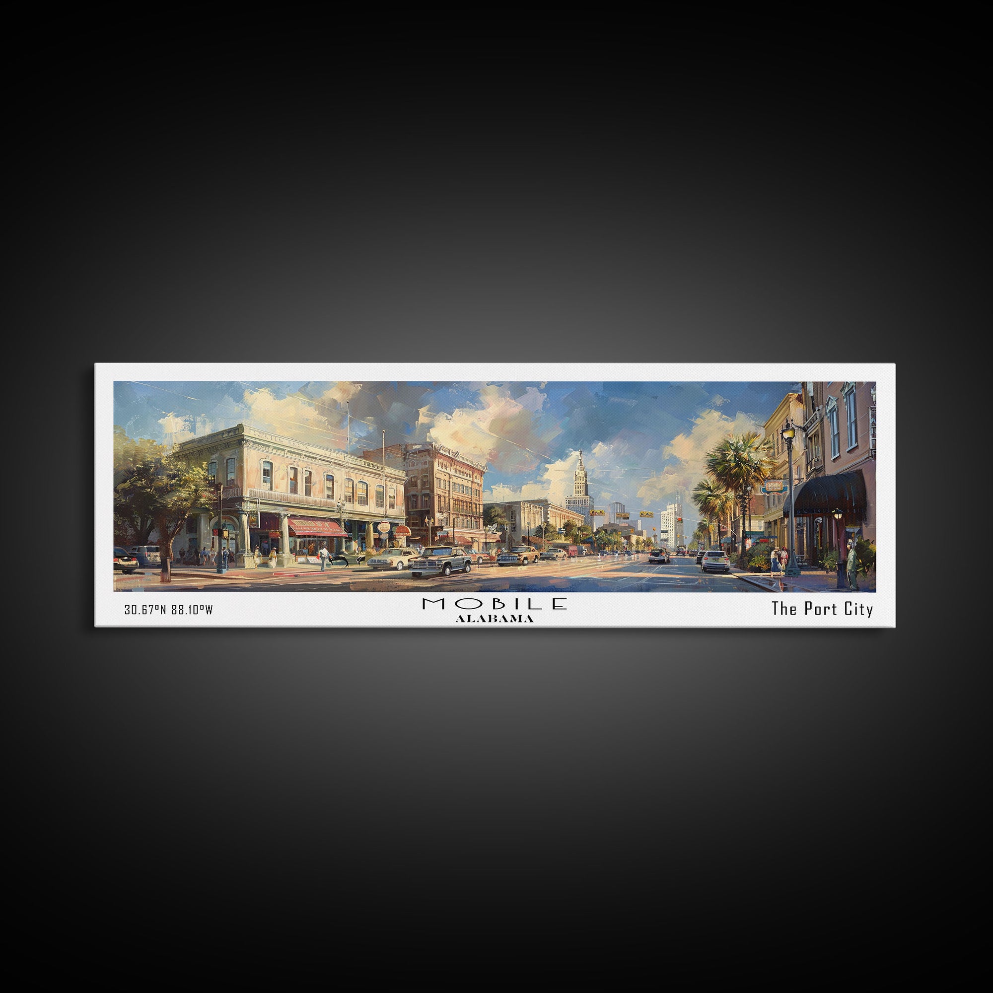 Mobile Alabama Panoramic Framed Canvas Print, Stunning Watercolor Painting, Office Wall Art, Travel Poster, Home Decor, City Art