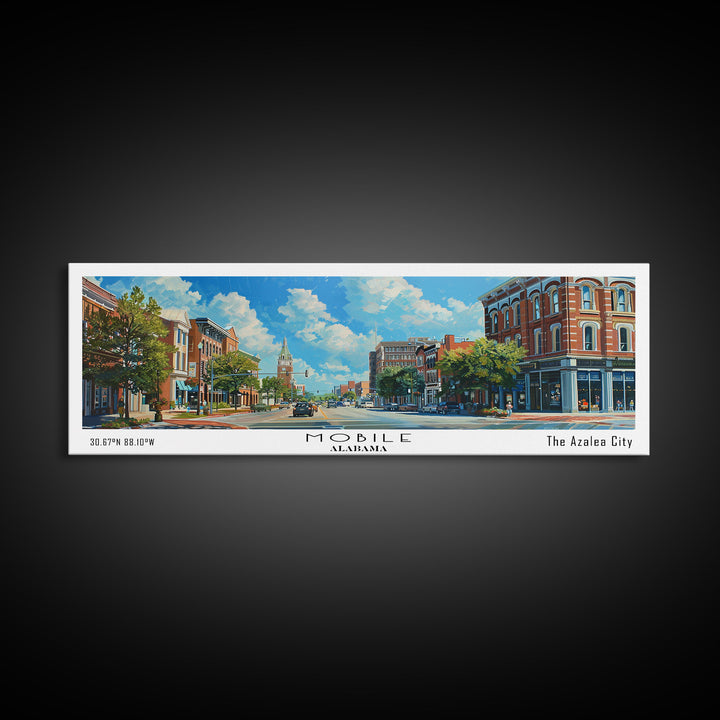 Mobile Alabama Panoramic Framed Canvas Print, Watercolor City Art, Office Wall Decor, Travel Poster, Living Room Decor, City Print