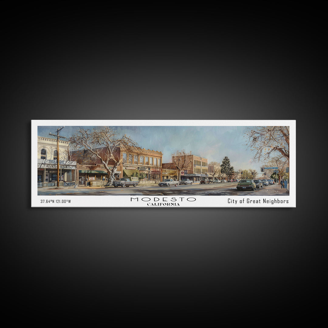 Modesto California Panoramic Framed Canvas Print, Beautiful Watercolor Painting, Office Wall Art, Travel Poster, Living Room Decor, City Art