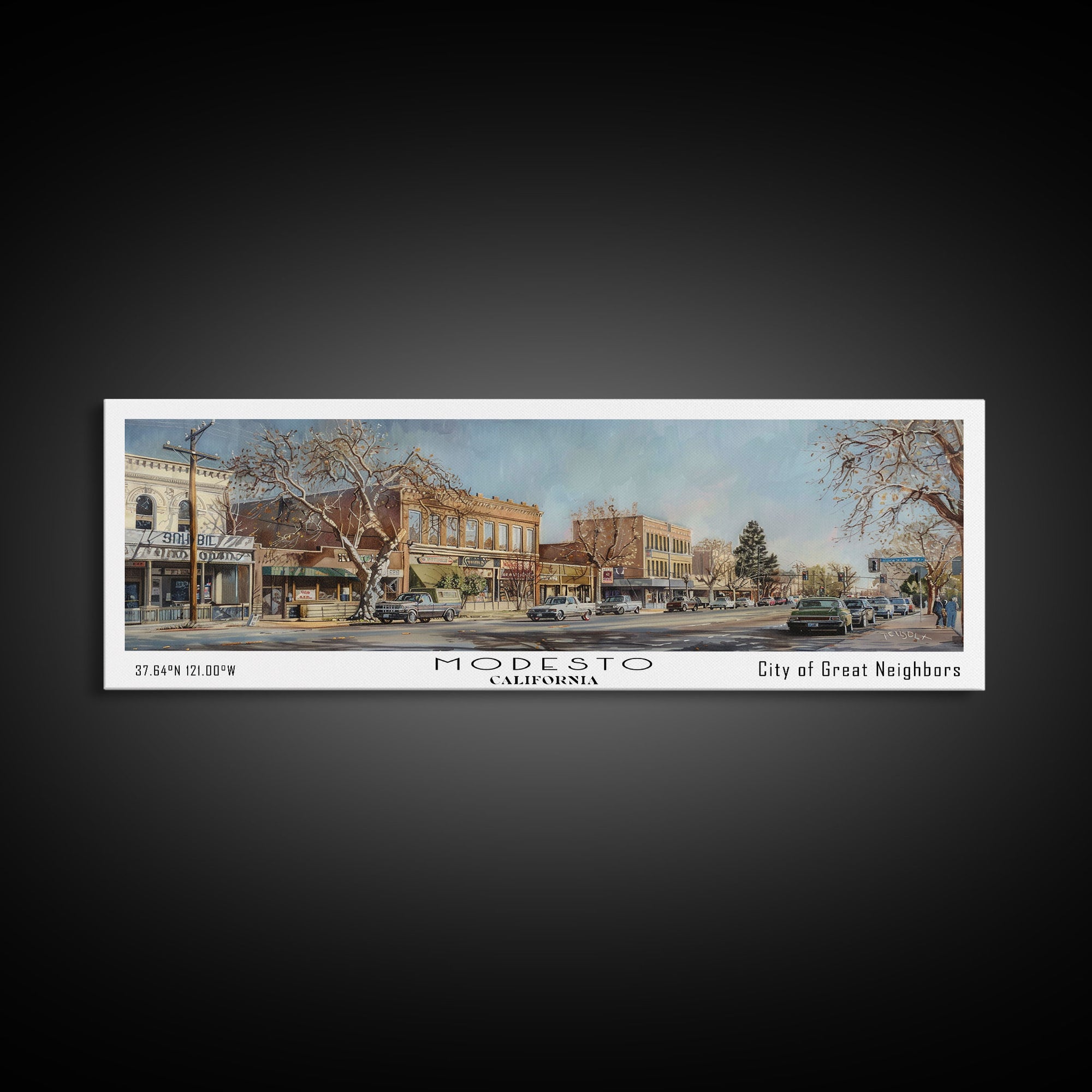 Modesto California Panoramic Framed Canvas Print, Beautiful Watercolor Painting, Office Wall Art, Travel Poster, Living Room Decor, City Art