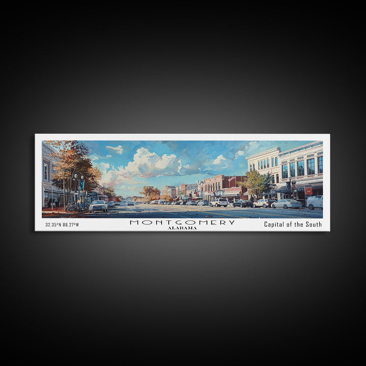 Montgomery Alabama Panoramic Framed Canvas Print, Stunning Watercolor Painting, Office Wall Art, Travel Poster, Home Decor, City Art