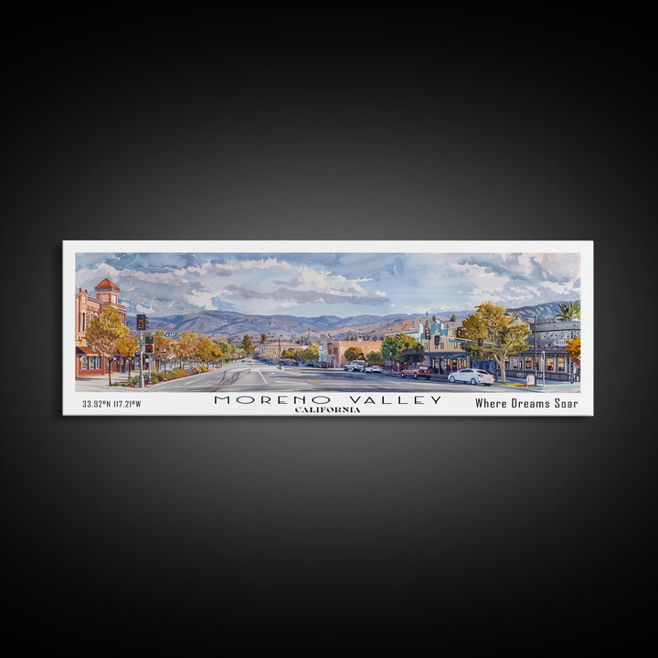 Moreno Valley California Panoramic Framed Canvas Print, Watercolor Cityscape, Office Wall Art, Travel Poster, Living Room Decor, City Art