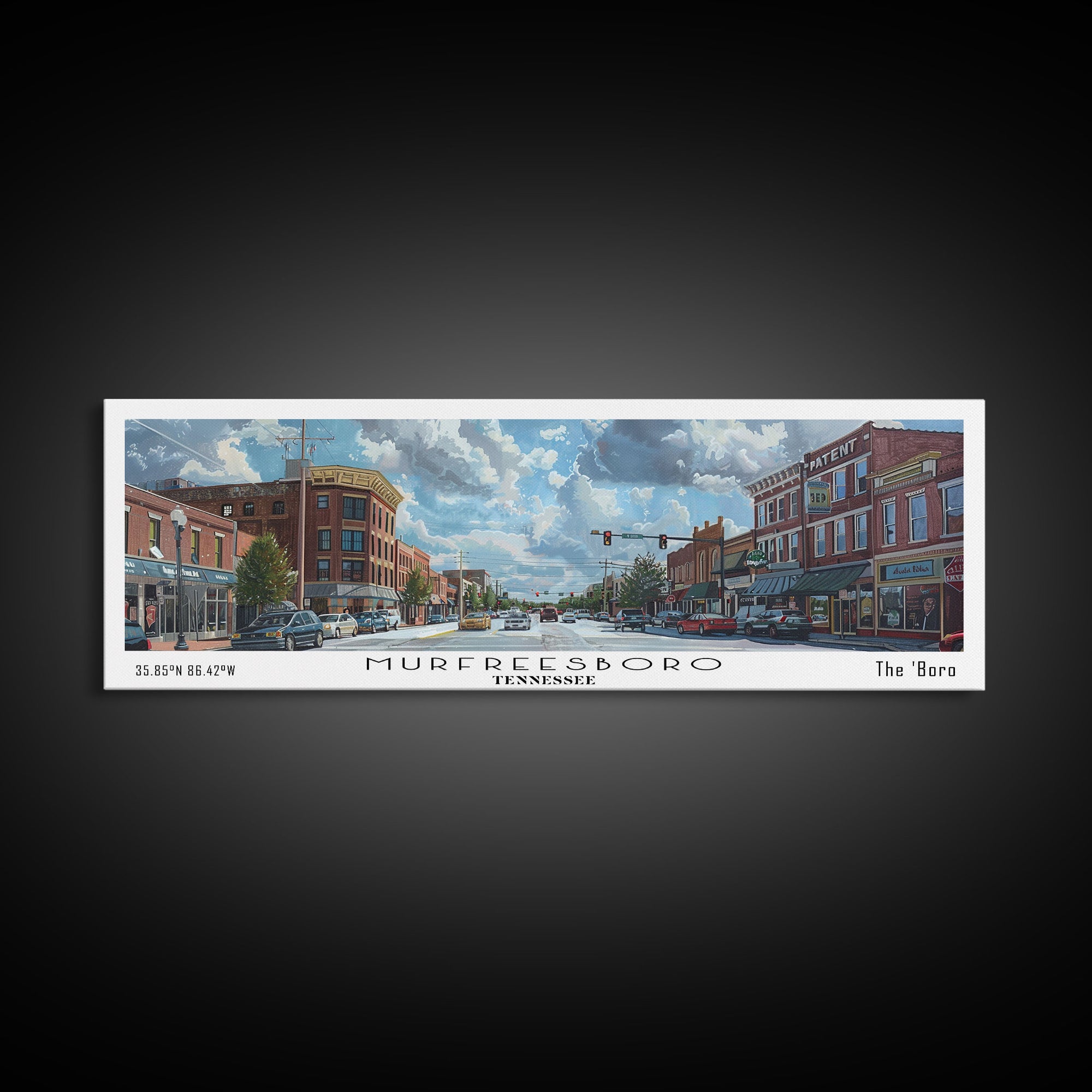 Murfreesboro Tennessee Panoramic Framed Canvas Print, Stunning Watercolor City Art, Office Wall Decor, Travel Poster, Living Room Decor