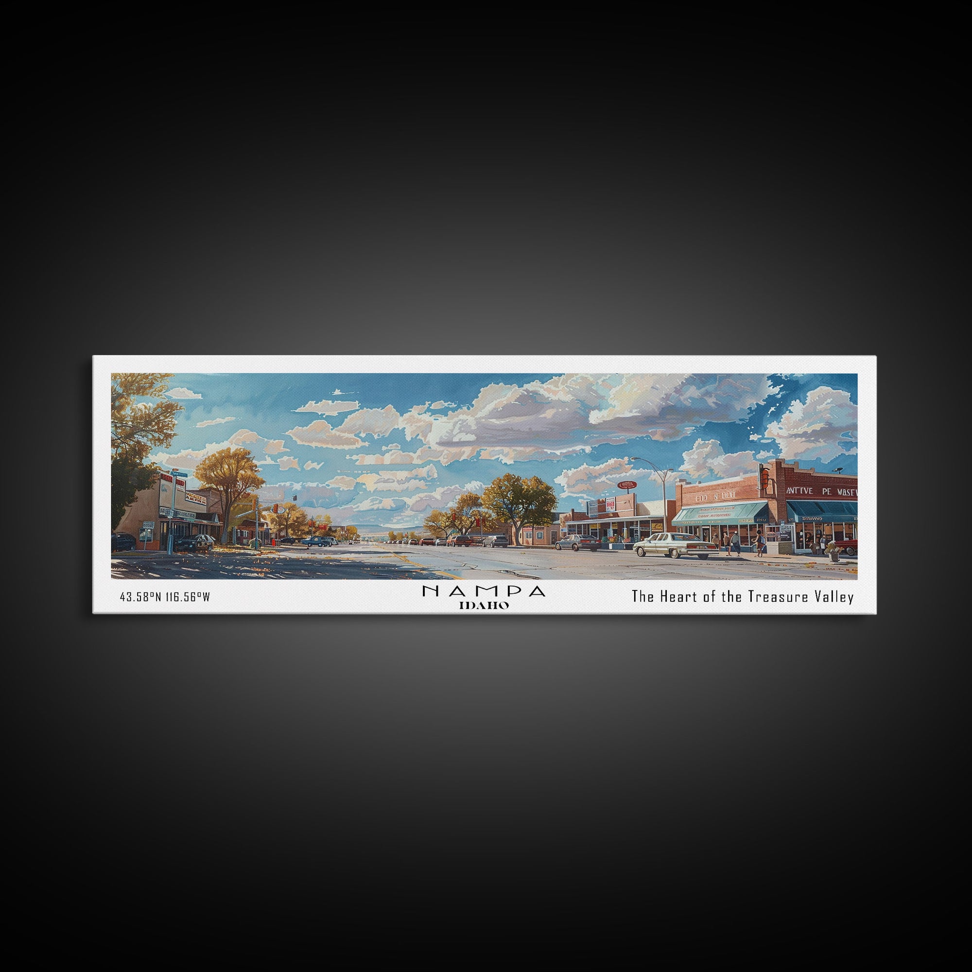 Nampa Idaho Panoramic Framed Canvas Print, Beautiful Watercolor Painting, Office Wall Art, Travel Poster, Home Decor, City Art