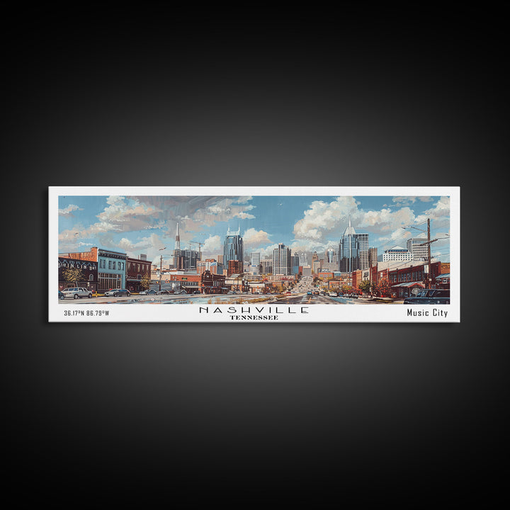 Nashville Tennessee Panoramic Framed Canvas Print, Stunning Watercolor Painting, Office Wall Art, Travel Poster, Home Decor, City Art