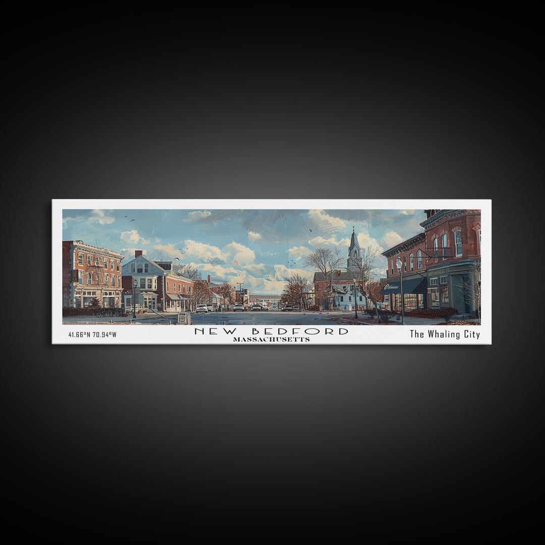 New Bedford Massachusetts Panoramic Framed Canvas Print, Stunning Watercolor Cityscape, Office Wall Art, Travel Poster, Home Decor
