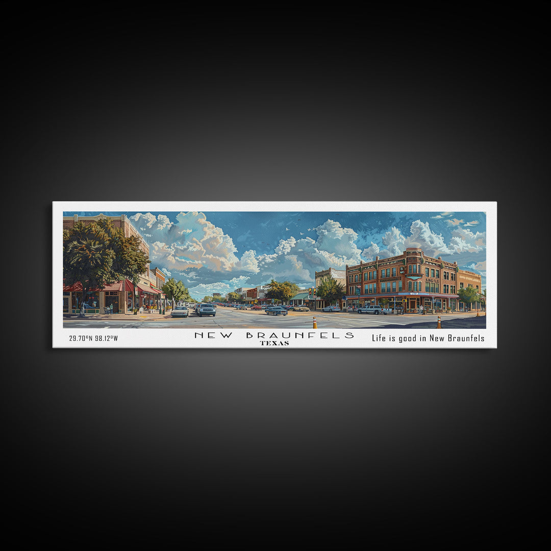 New Braunfels Texas Panoramic Framed Canvas Print, Watercolor City Art, Office Wall Decor, Travel Poster, Living Room Decor