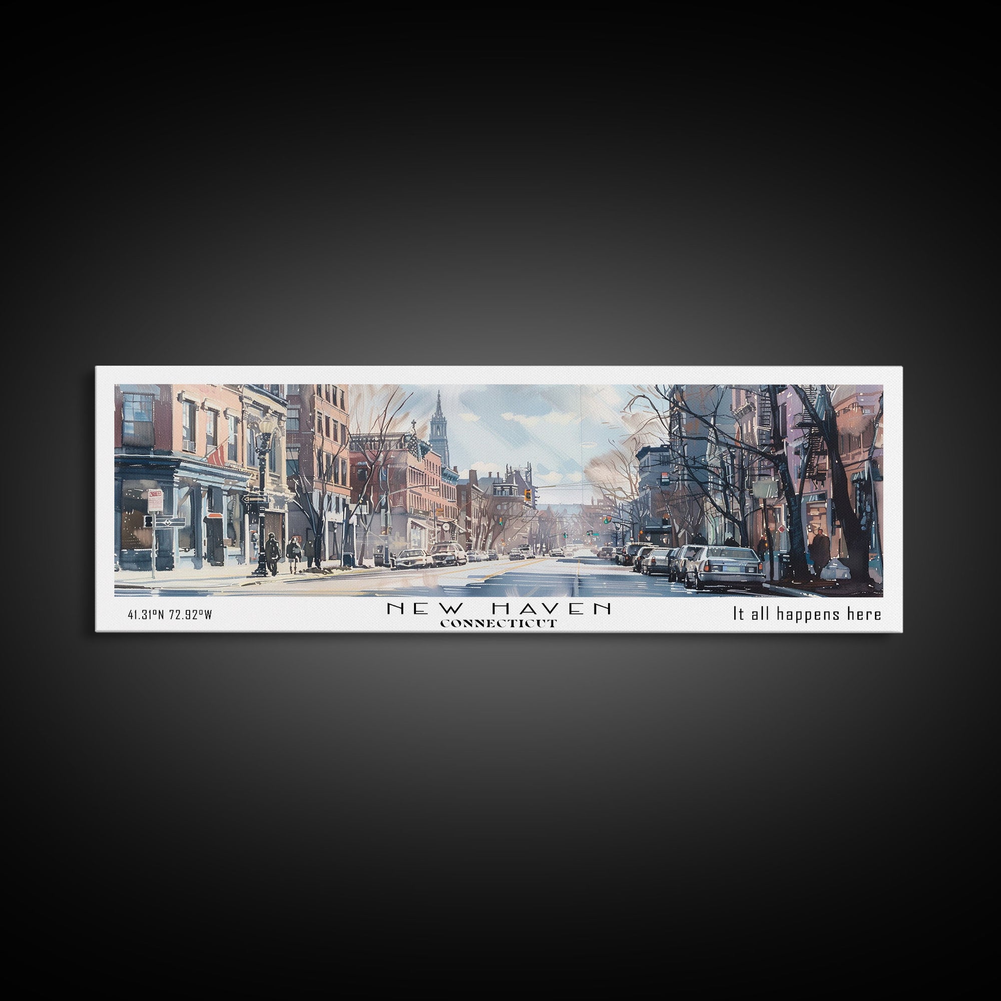 New Haven Connecticut Panoramic Framed Canvas Print, Stunning Watercolor Painting, Office Wall Art, Travel Poster, Home Decor