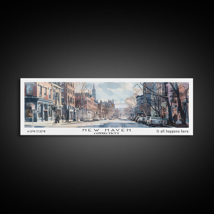 New Haven Connecticut Panoramic Framed Canvas Print, Stunning Watercolor Painting, Office Wall Art, Travel Poster, Home Decor