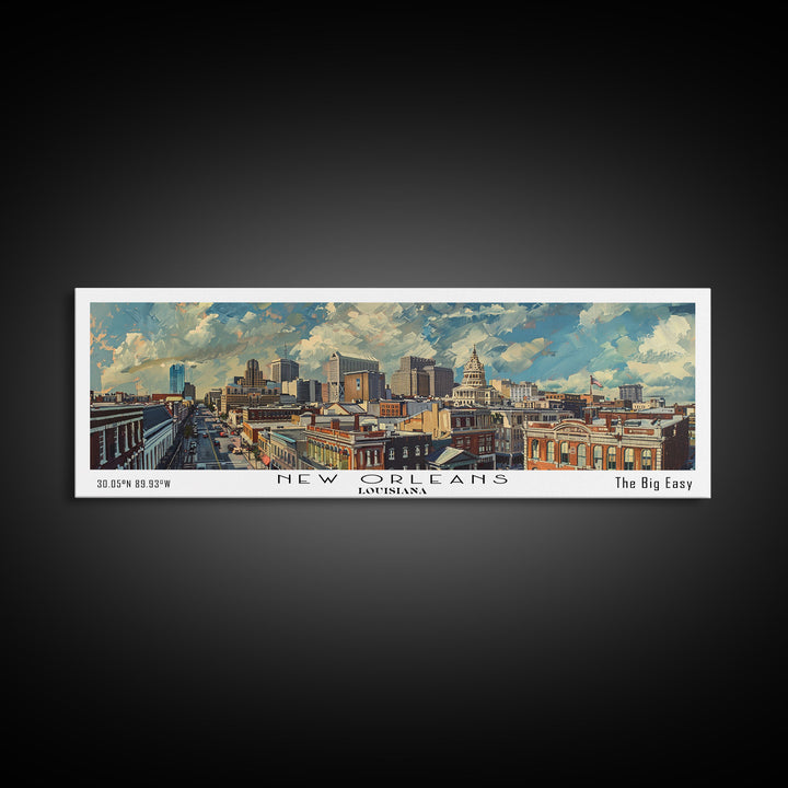 New Orleans Louisiana Panoramic Painting, Framed Canvas Print for Home Decor, Unique Watercolor Art, Travel Poster, Cityscape Gift Idea