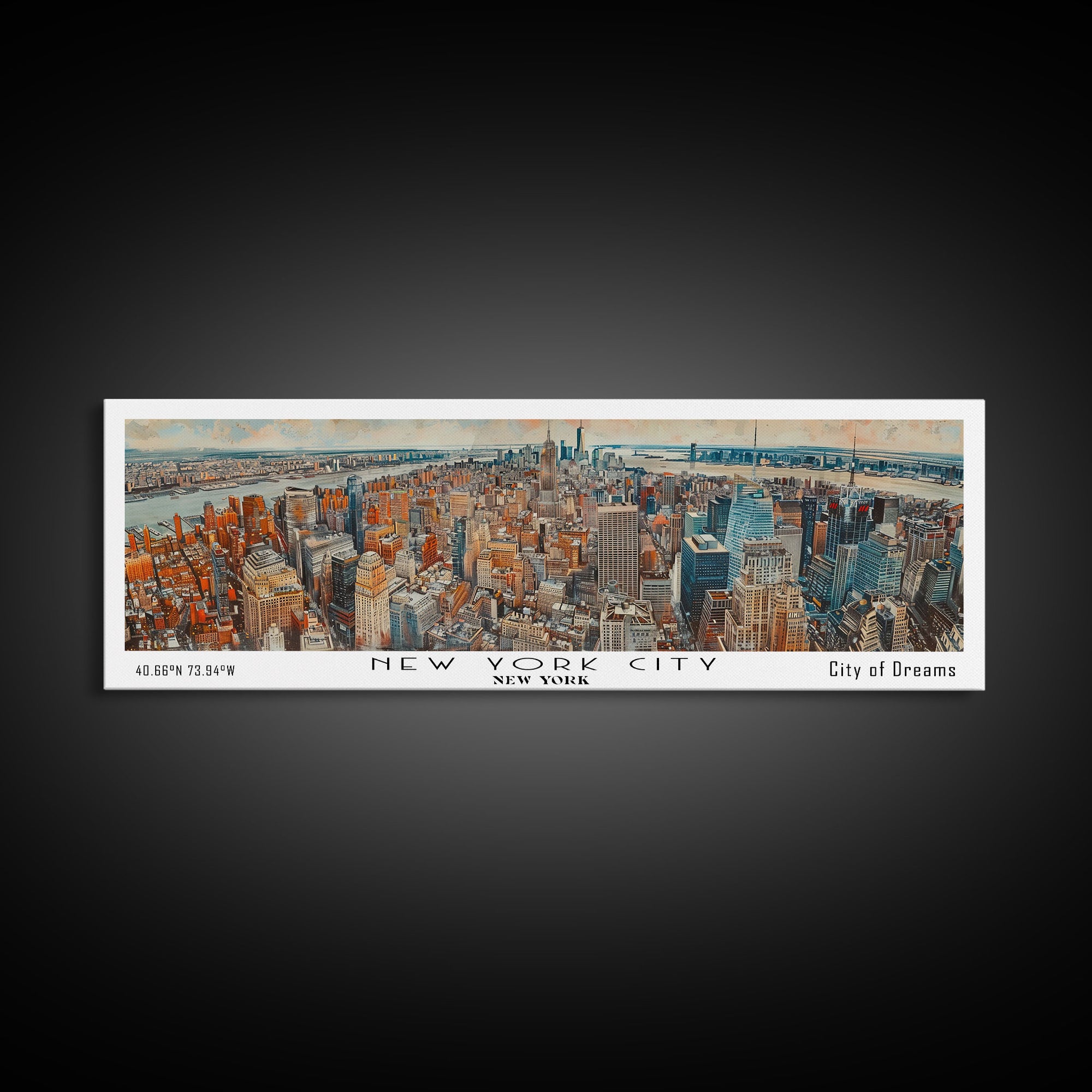 New York New York Panoramic Framed Canvas Print, Watercolor Painting of Cityscape, Home Decor, Travel Poster, Gift Idea for Urban Art Lovers