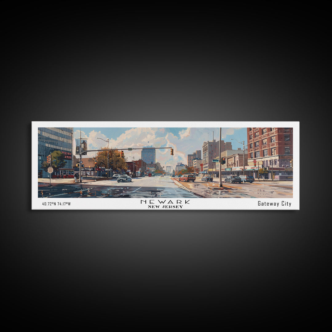 Newark New Jersey Panoramic Framed Canvas Print, Beautiful Watercolor Painting, Office Wall Art, Travel Poster, Home Decor, City Art