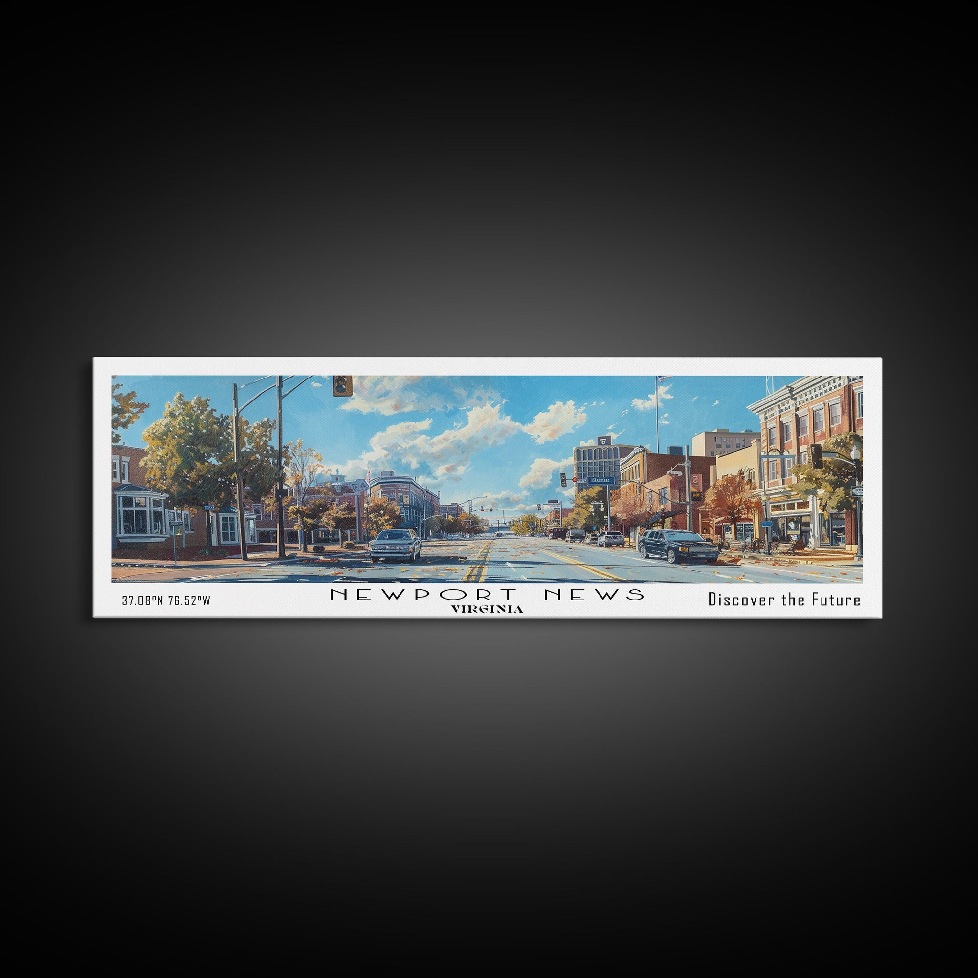 Newport News Virginia Panoramic Wall Art, Framed Canvas Print, Beautiful Cityscape Watercolor Painting, Travel Poster, Modern Home Decor