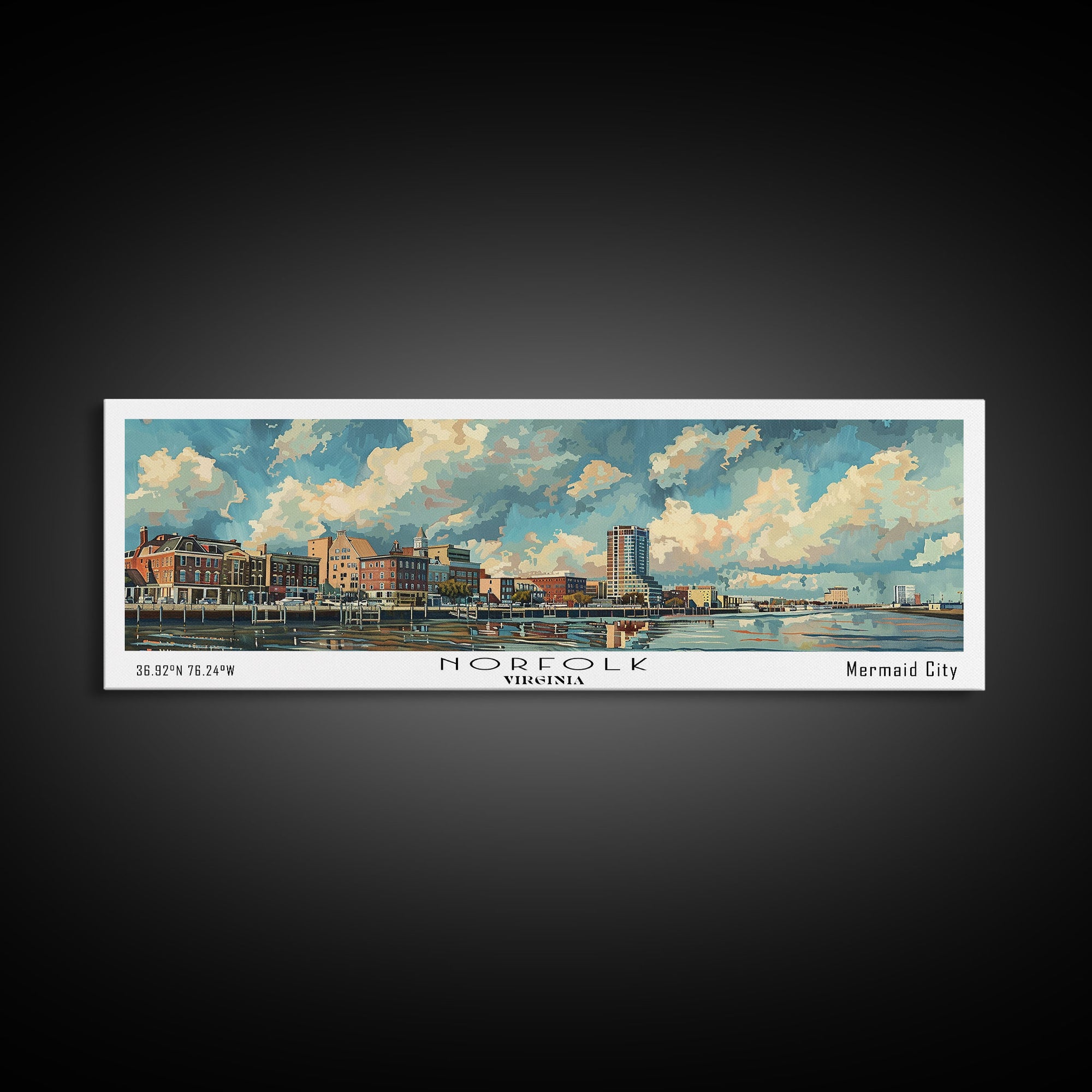 Norfolk Virginia Panoramic Painting, Framed Canvas Print for Office Wall Art, Watercolor Cityscape, Travel Poster, Beautiful Home Decor