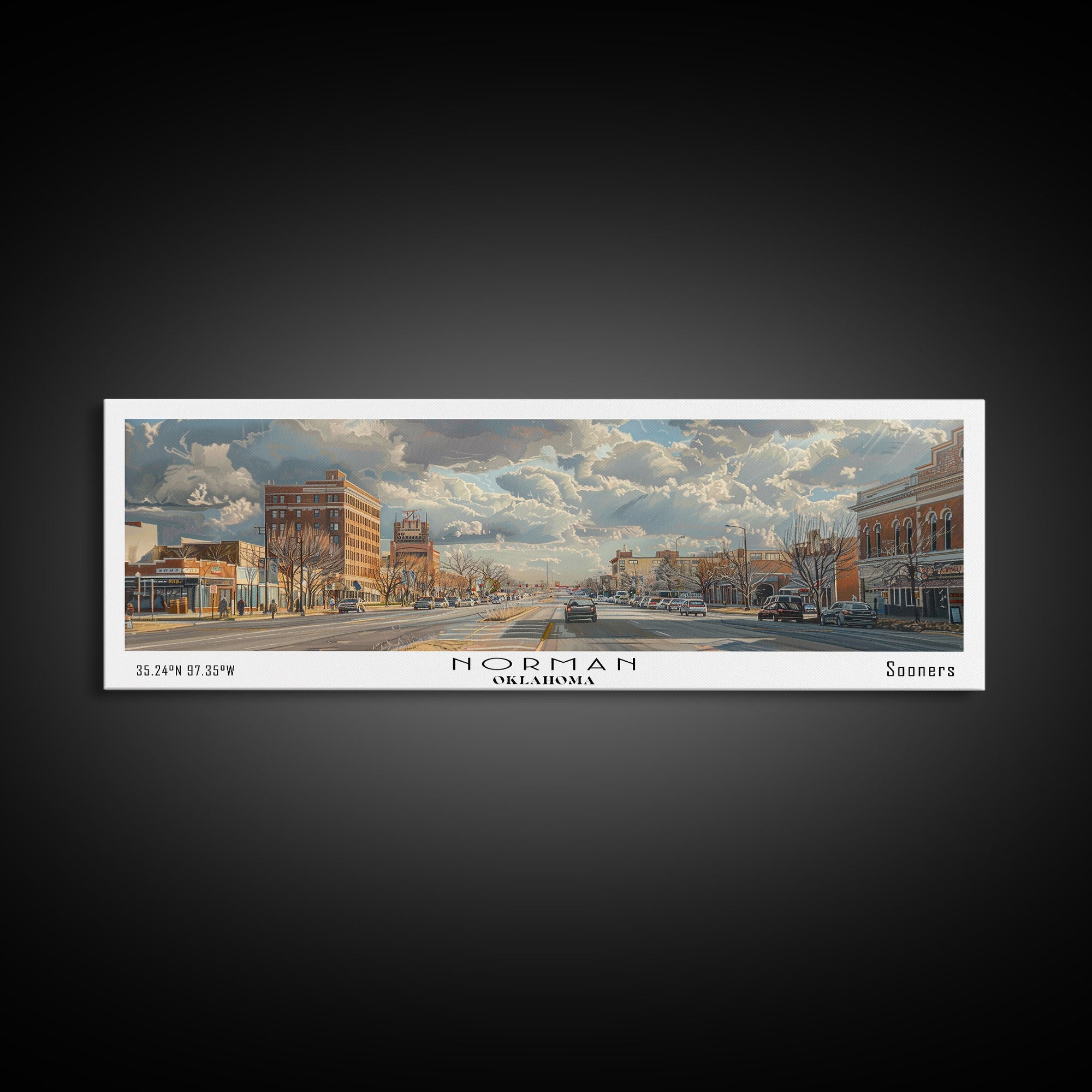 Norman Oklahoma Panoramic Framed Canvas Print, Cityscape Watercolor Painting, Travel Poster for Home Decor, Modern Wall Art, Unique Gift Idea