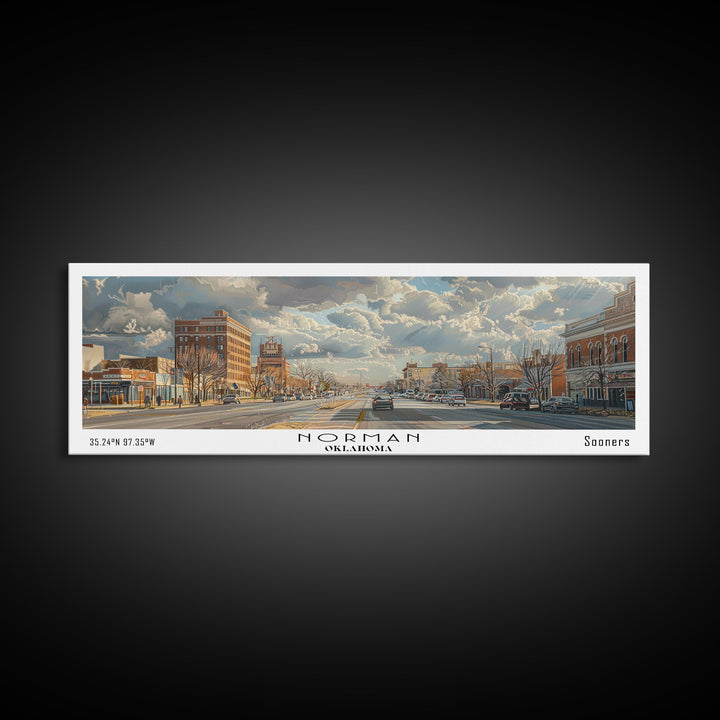 Norman Oklahoma Panoramic Framed Canvas Print, Cityscape Watercolor Painting, Travel Poster for Home Decor, Modern Wall Art, Unique Gift Idea
