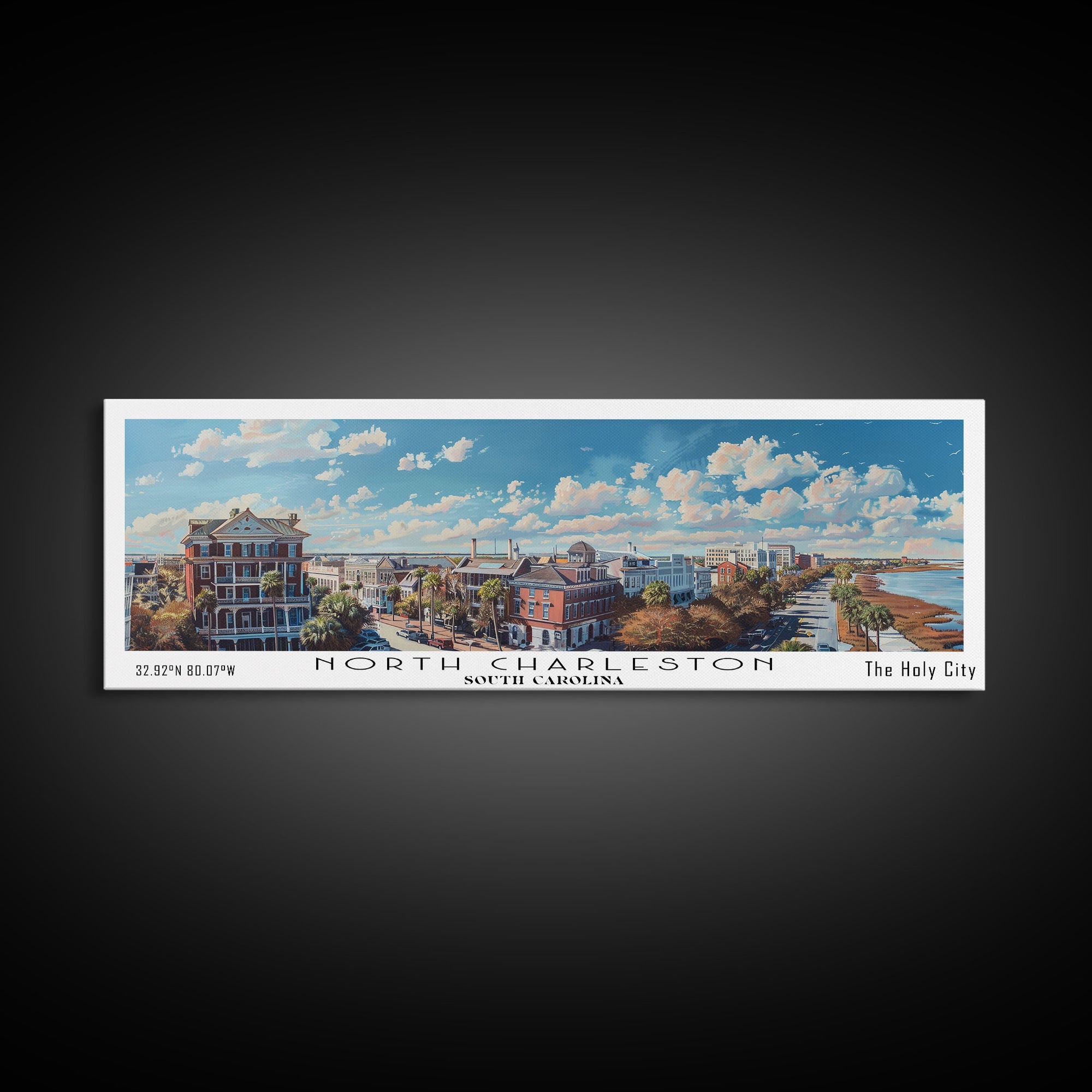 North Charleston South Carolina Panoramic Painting, Framed Canvas Print, Watercolor Cityscape Art, Travel Poster for Living Room, Home Decor
