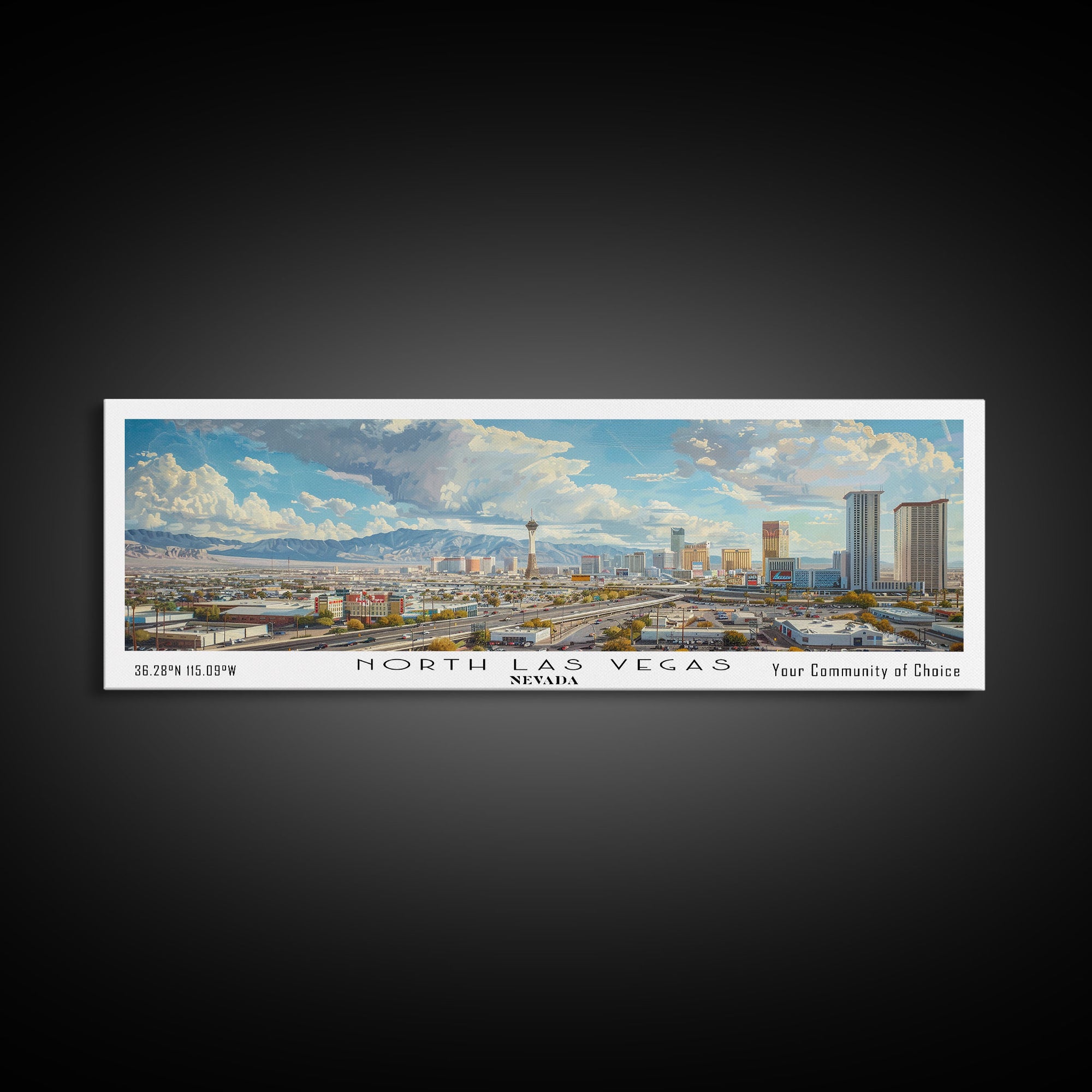 North Las Vegas Nevada Panoramic Framed Canvas Print, Cityscape Watercolor Painting, Travel Poster, Modern Home Decor, Unique Gift Idea