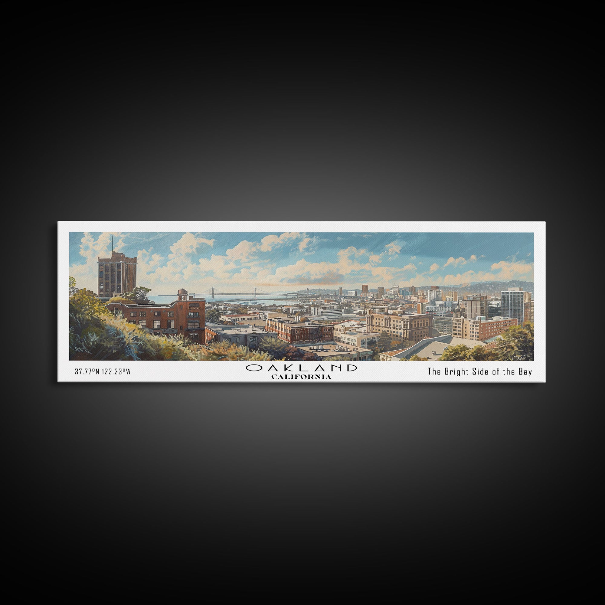 Oakland California Panoramic Painting, Framed Canvas Print for Office Decor, Beautiful Cityscape Watercolor Art, Travel Poster, Urban Gift Idea