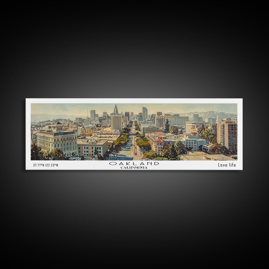 Oakland California Panoramic Wall Art, Framed Canvas Print, Stunning Watercolor Cityscape, Travel Poster, Modern Home Decor, Unique Gift