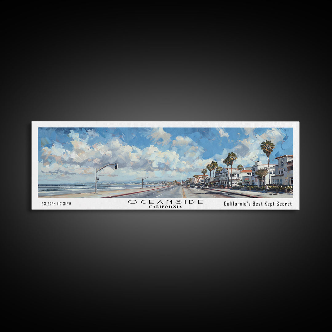 Oceanside California Panoramic Framed Canvas Print, Watercolor Cityscape Art, Travel Poster, Home Decor, Urban Gift Idea, Living Room Art