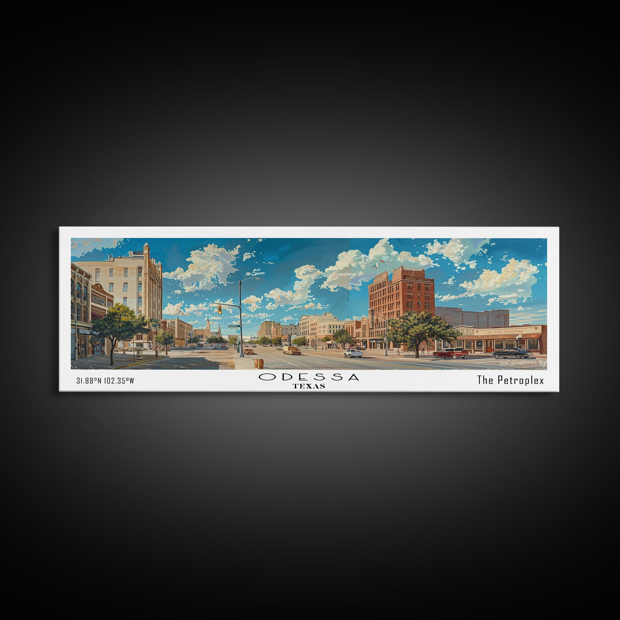 Odessa Texas Panoramic Painting, Framed Canvas Print for Home Decor, Beautiful Cityscape Watercolor Art, Travel Poster, Modern Gift Idea