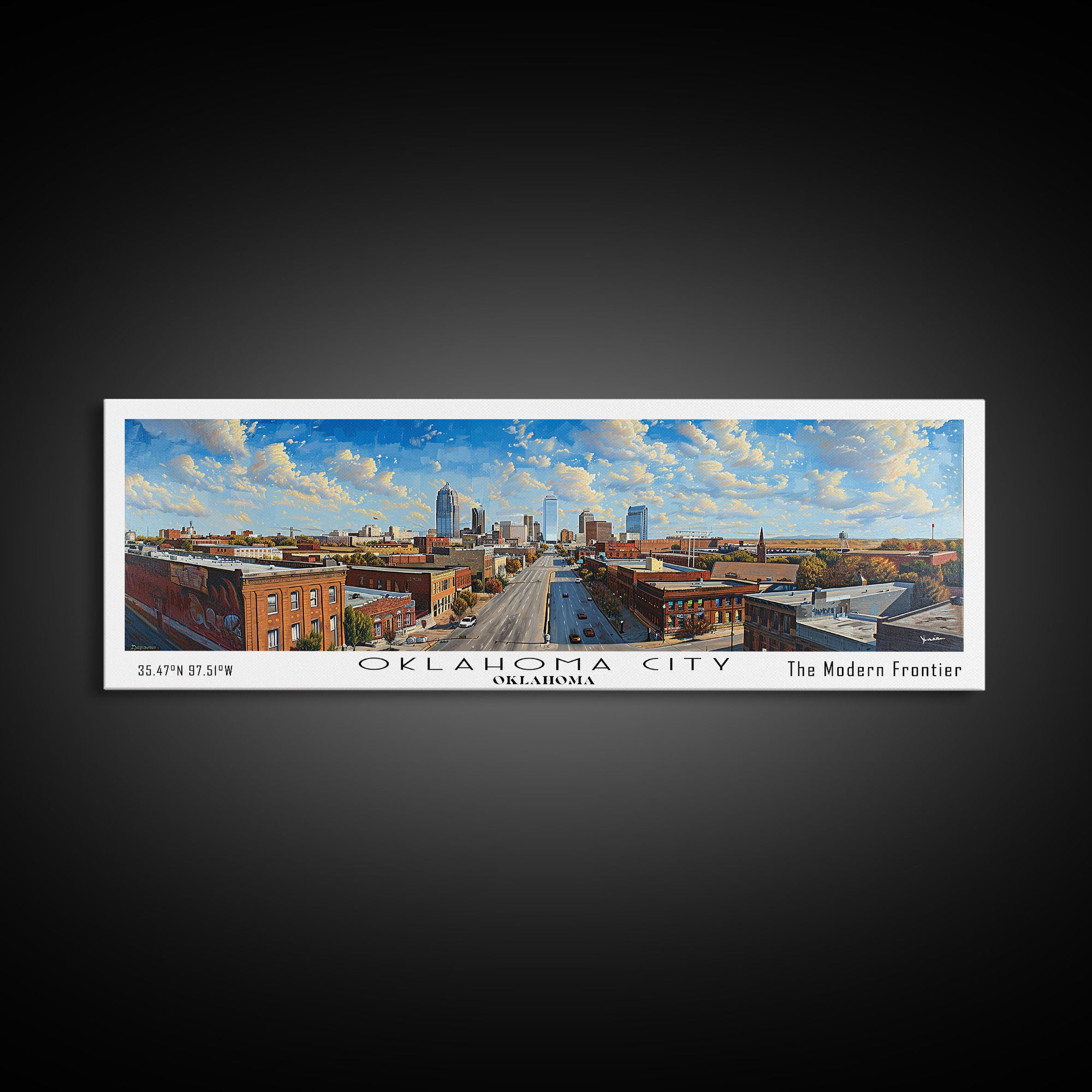 Oklahoma City Oklahoma Panoramic Framed Canvas Print, Cityscape Watercolor Painting, Travel Poster, Home Decor, Unique Gift Idea, Urban Art