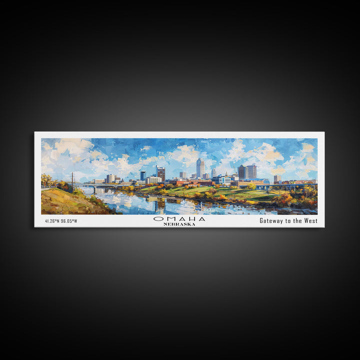 Omaha Nebraska Panoramic Framed Canvas Print, Cityscape Watercolor Painting, Travel Poster, Home Decor, Urban Gift Idea, Office Wall Art