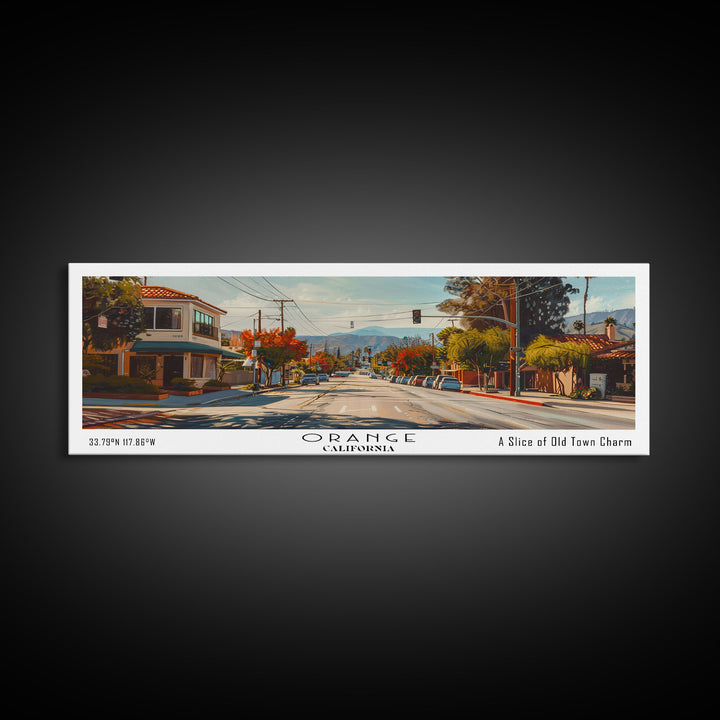 Orange California Panoramic Framed Canvas Print, Cityscape Watercolor Painting, Travel Poster for Home Decor, Urban Art, Unique Gift Idea