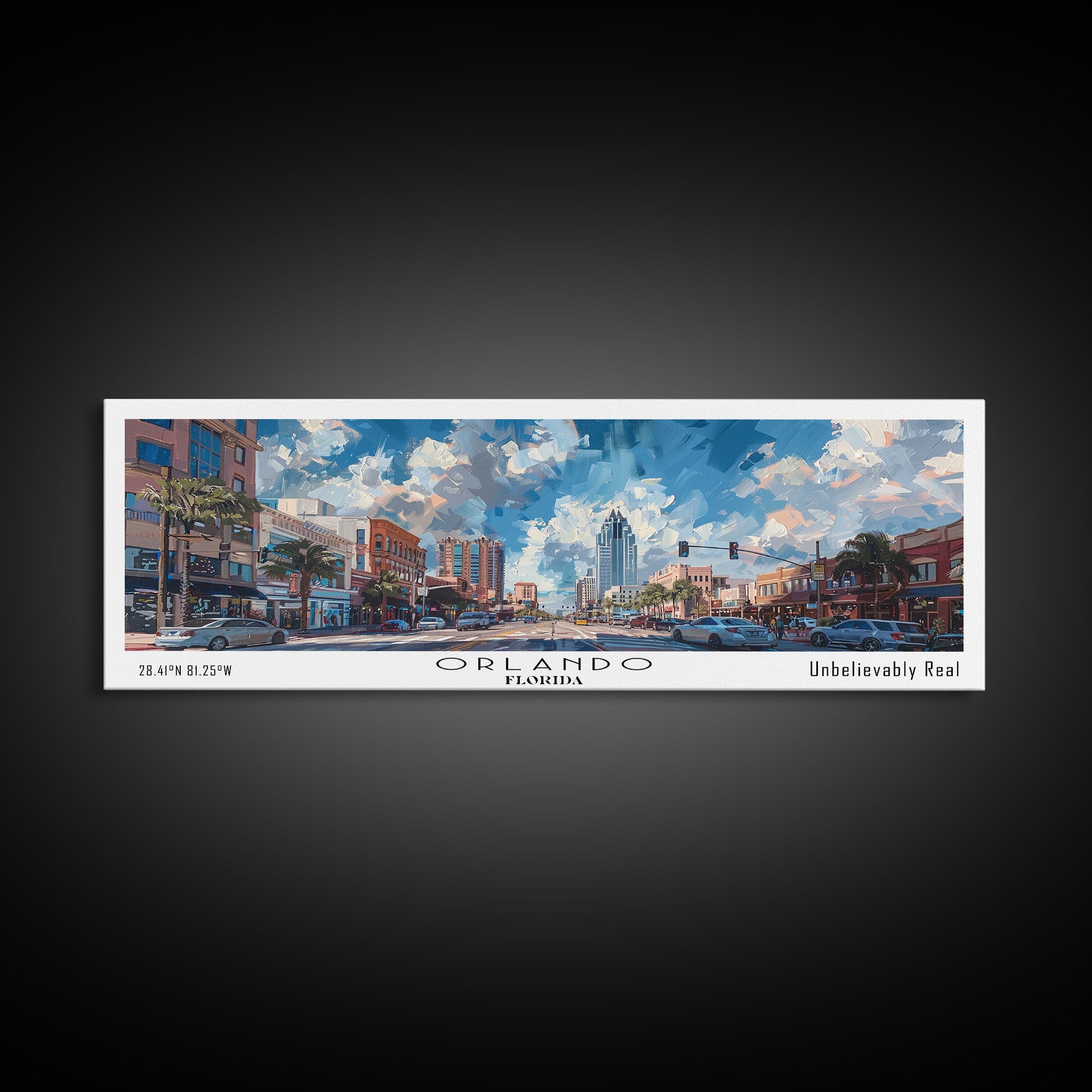 Orlando Florida Panoramic Painting, Framed Canvas Print, Beautiful Cityscape Watercolor Art, Travel Poster, Home Decor, Unique Gift Idea