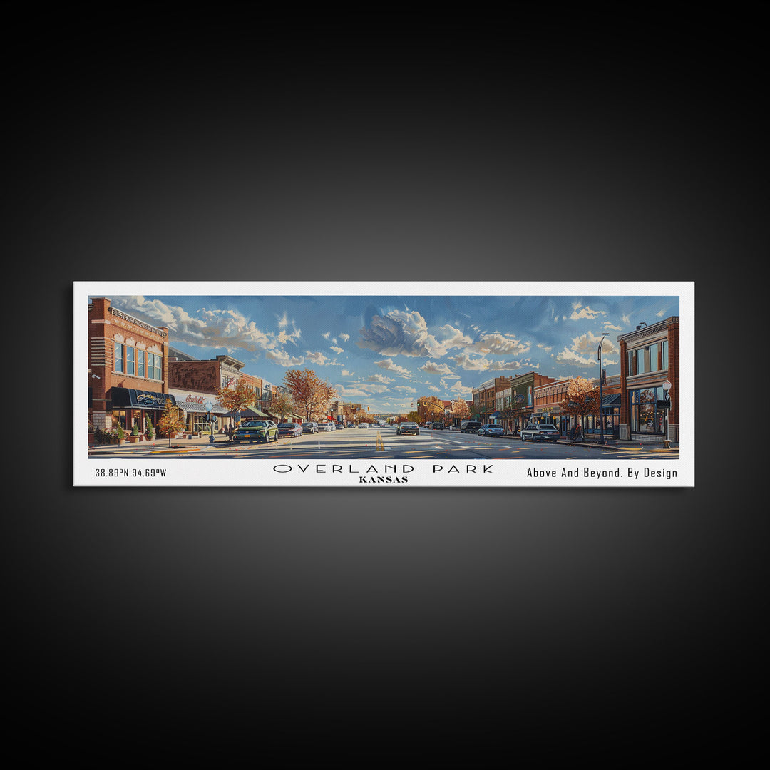 Overland Park Kansas Panoramic Framed Canvas Print, Cityscape Watercolor Painting, Travel Poster, Modern Home Decor, Urban Gift Idea