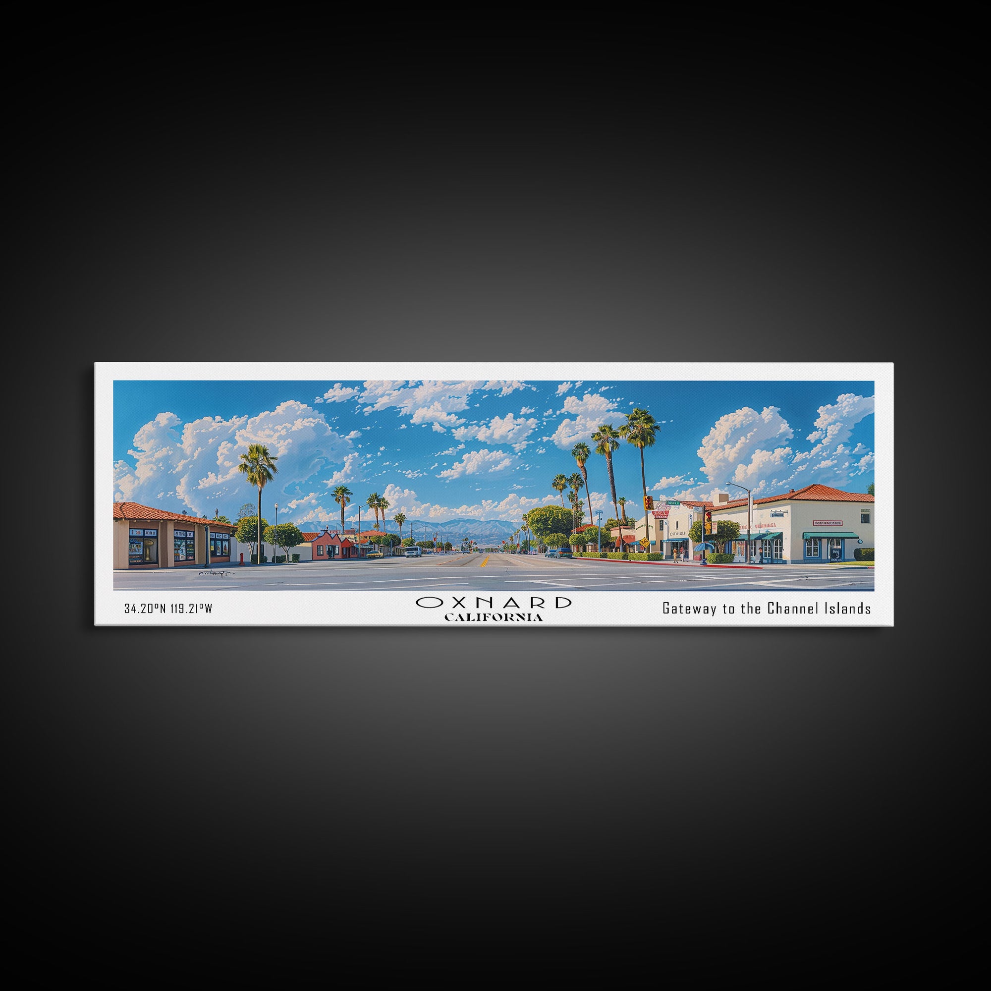 Oxnard California Panoramic Painting, Framed Canvas Print, Stunning Cityscape Watercolor Art, Travel Poster for Home Decor, Unique Gift Idea