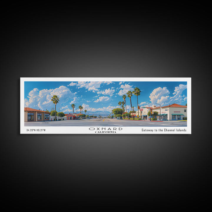 Oxnard California Panoramic Painting, Framed Canvas Print, Stunning Cityscape Watercolor Art, Travel Poster for Home Decor, Unique Gift Idea