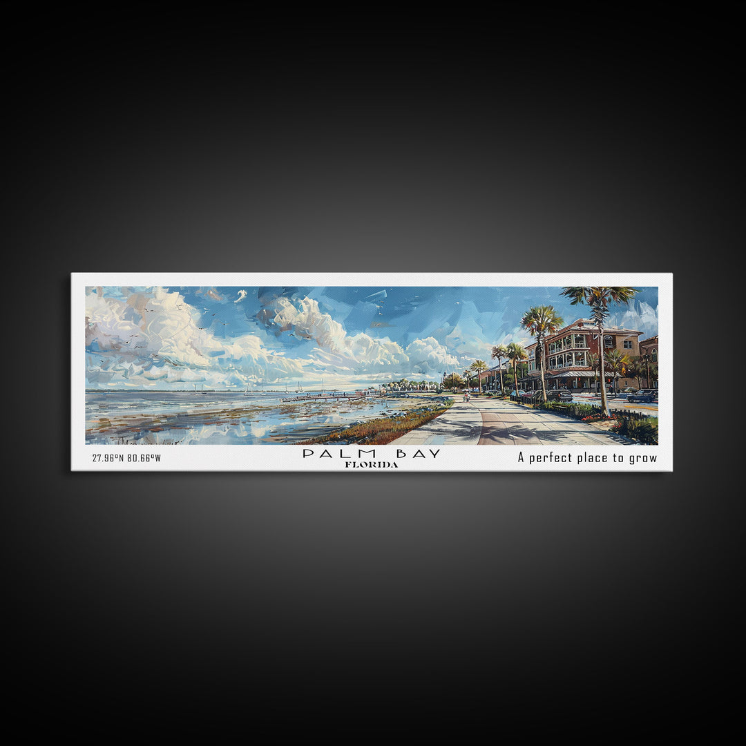 Palm Bay Florida Panoramic Framed Canvas Print, Watercolor Cityscape Art, Travel Poster, Home Decor, Urban Gift Idea, Living Room Art