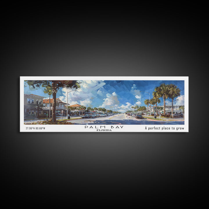Palm Bay Florida Panoramic Painting, Framed Canvas Print, Beautiful Cityscape Watercolor Art, Travel Poster, Modern Home Decor, Unique Gift