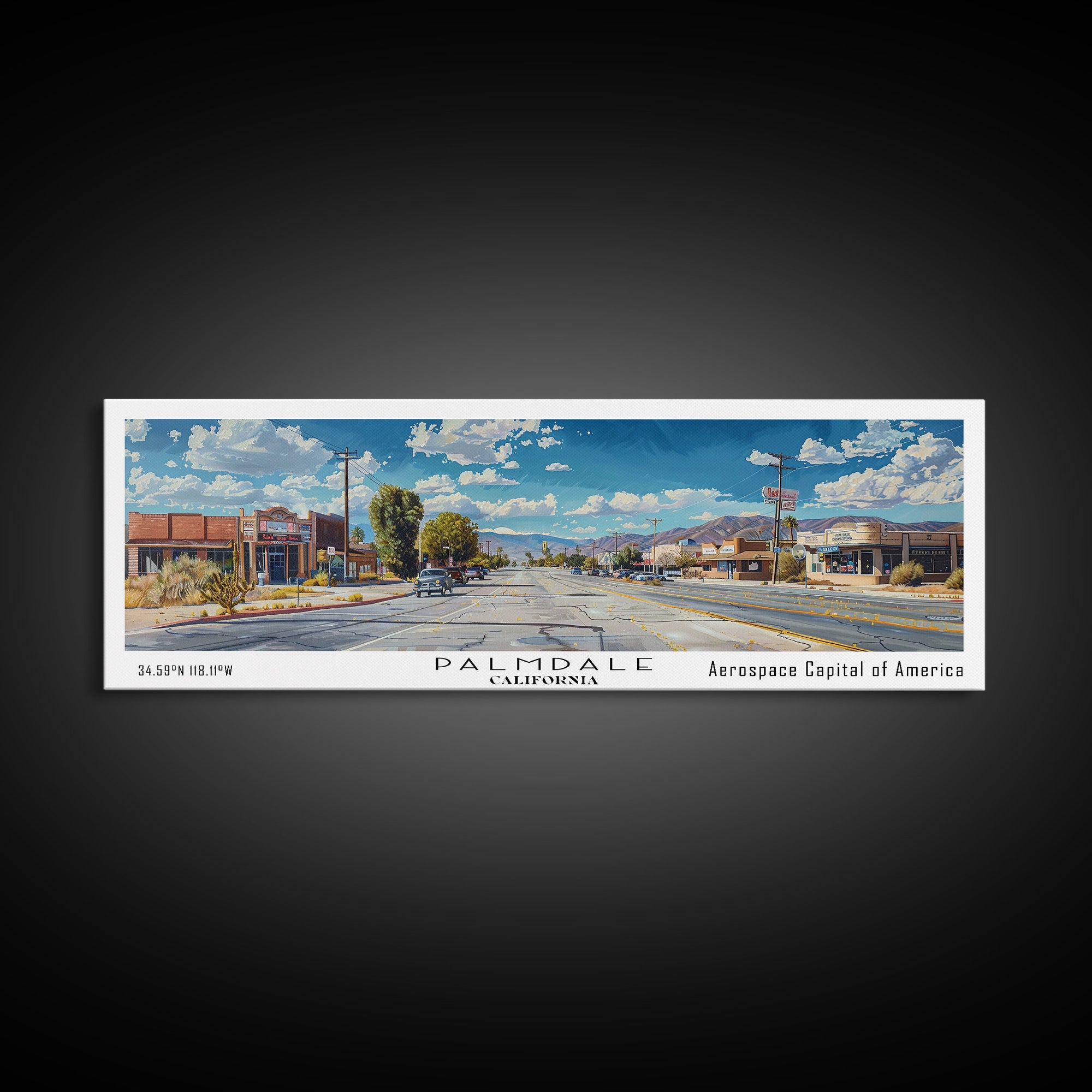 Palmdale California Panoramic Framed Canvas Print, Cityscape Watercolor Painting, Travel Poster for Home Decor, Urban Art, Unique Gift Idea