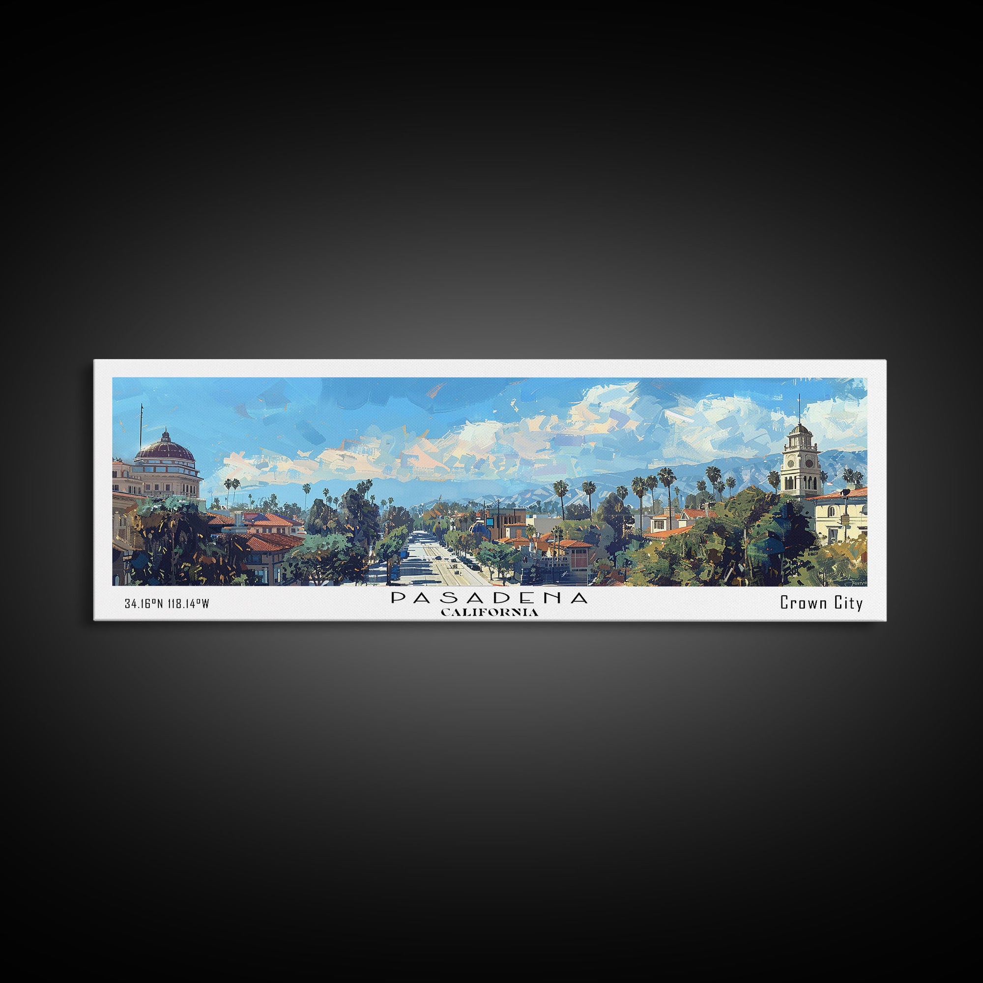 Pasadena California Panoramic Painting, Framed Canvas Print, Stunning Cityscape Watercolor Art, Travel Poster, Modern Home Decor, Unique Gift