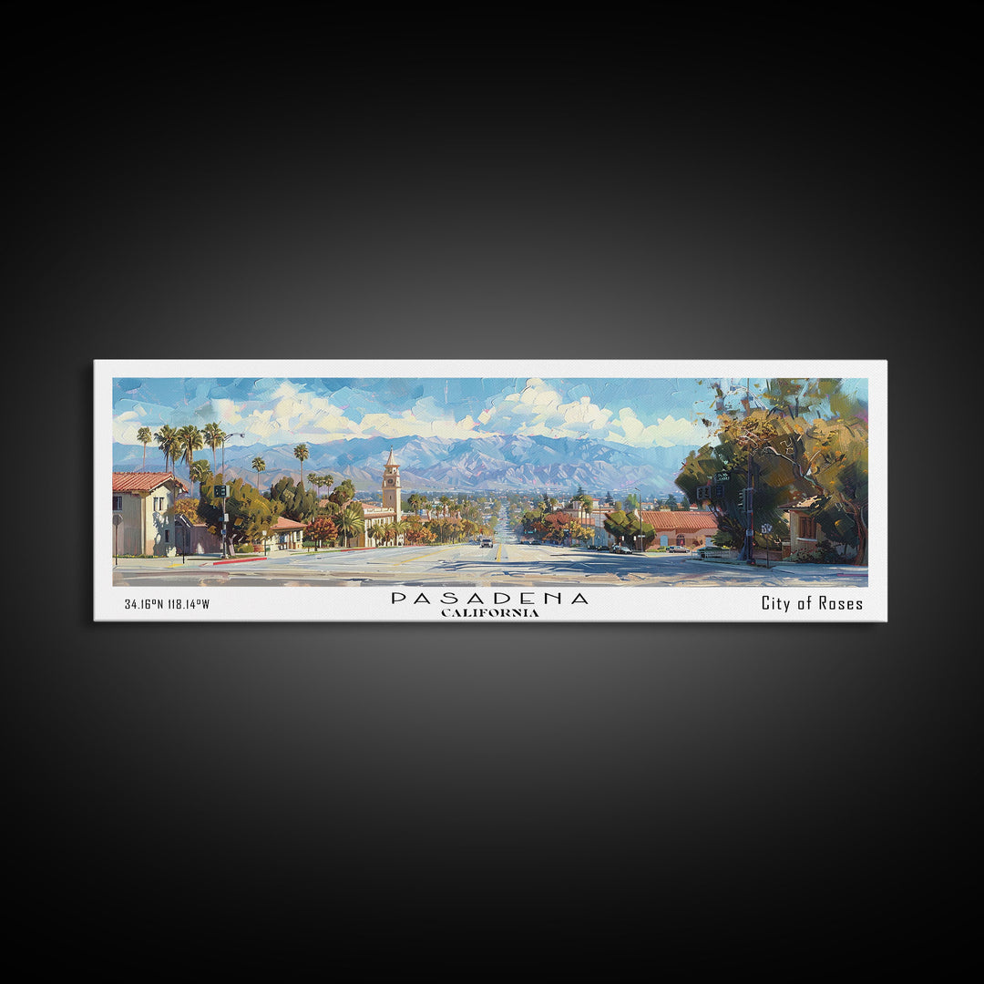 Pasadena California Panoramic Framed Canvas Print, Cityscape Watercolor Painting, Travel Poster, Home Decor, Urban Gift Idea, Office Wall Art
