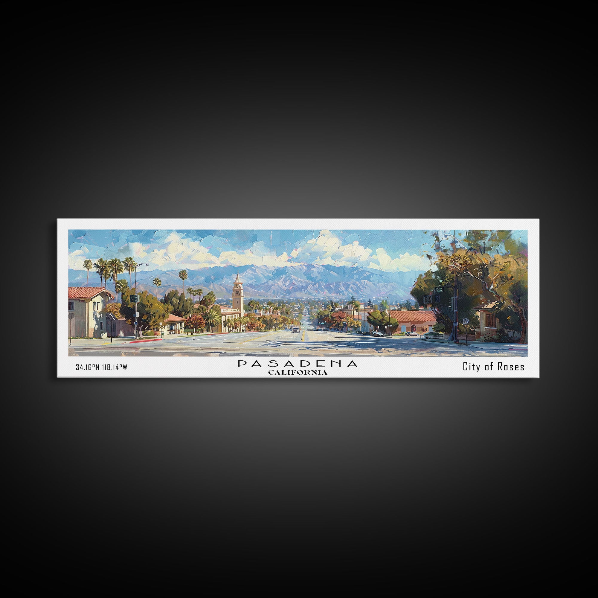 Pasadena California Panoramic Framed Canvas Print, Cityscape Watercolor Painting, Travel Poster, Home Decor, Urban Gift Idea, Office Wall Art