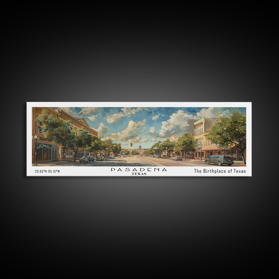 Pasadena Texas Panoramic Painting, Framed Canvas Print, Beautiful Cityscape Watercolor Art, Travel Poster for Home Decor, Unique Gift Idea