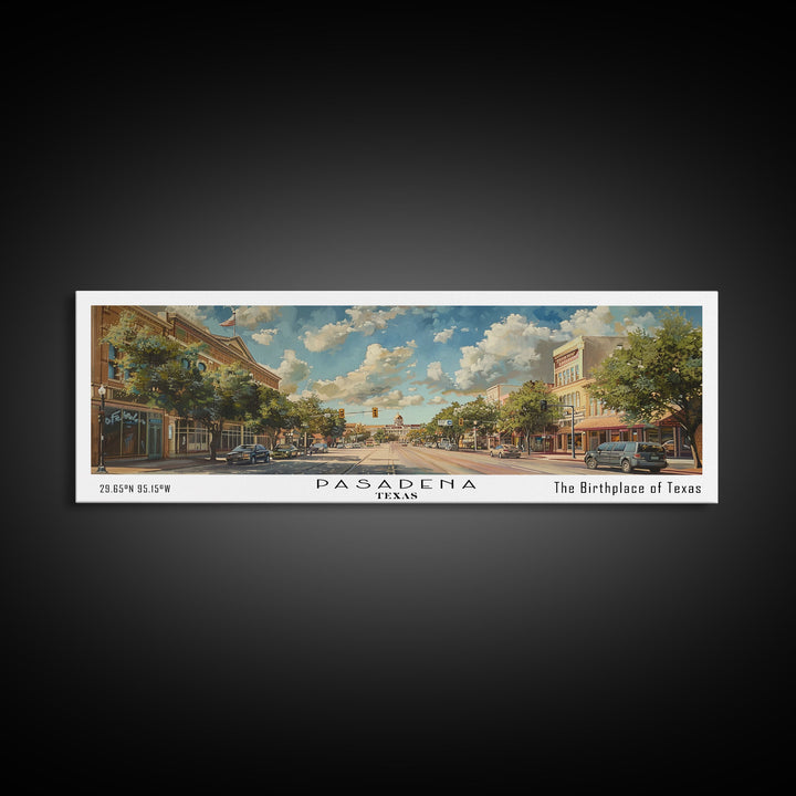 Pasadena Texas Panoramic Painting, Framed Canvas Print, Beautiful Cityscape Watercolor Art, Travel Poster for Home Decor, Unique Gift Idea