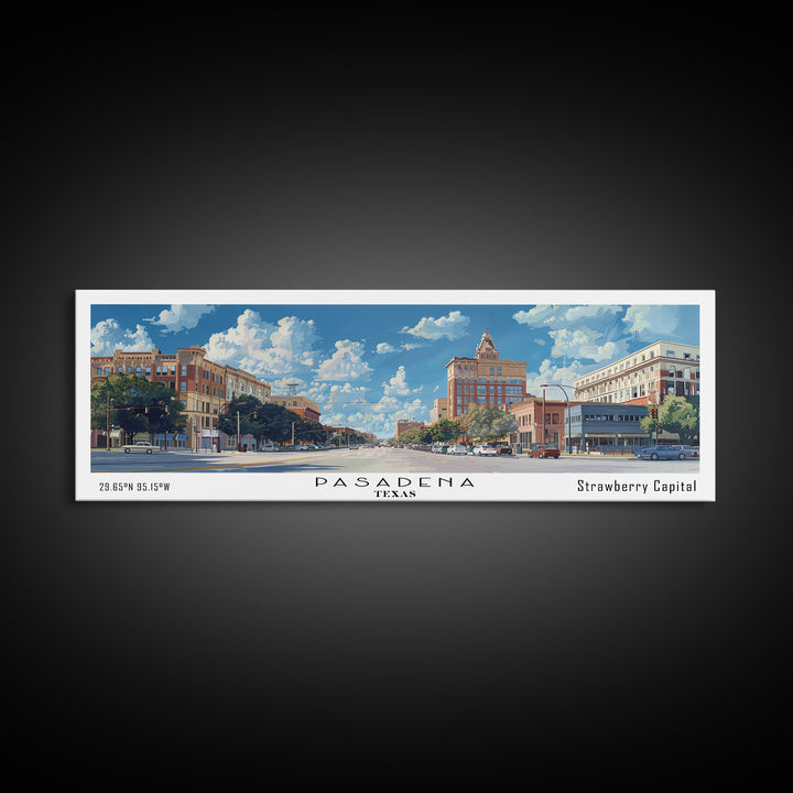 Pasadena Texas Panoramic Framed Canvas Print, Cityscape Watercolor Painting, Travel Poster, Modern Home Decor, Urban Gift Idea