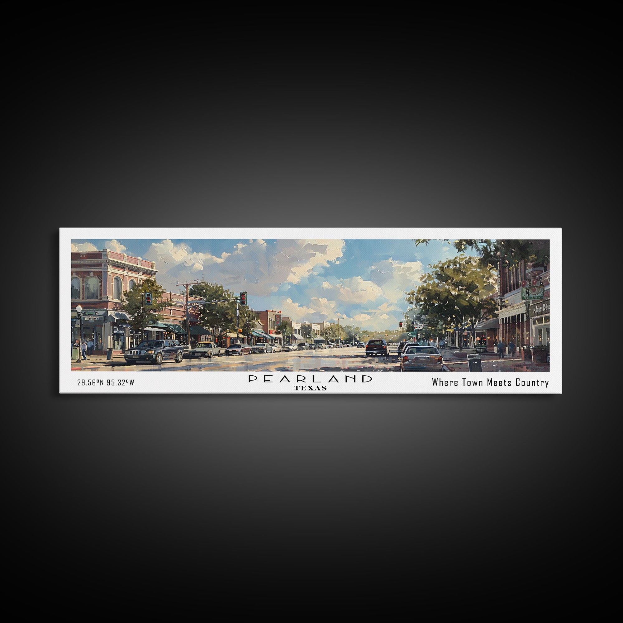 Pearland Texas Panoramic Framed Canvas Print, Cityscape Watercolor Painting, Travel Poster for Home Decor, Urban Art, Unique Gift Idea